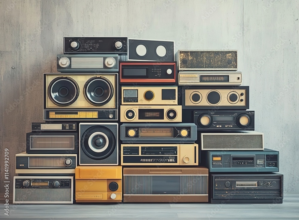 Obraz premium A stack of vintage audio devices, including cassette tapes and boomboxes, arranged in an artistic display against a concrete wall background.
