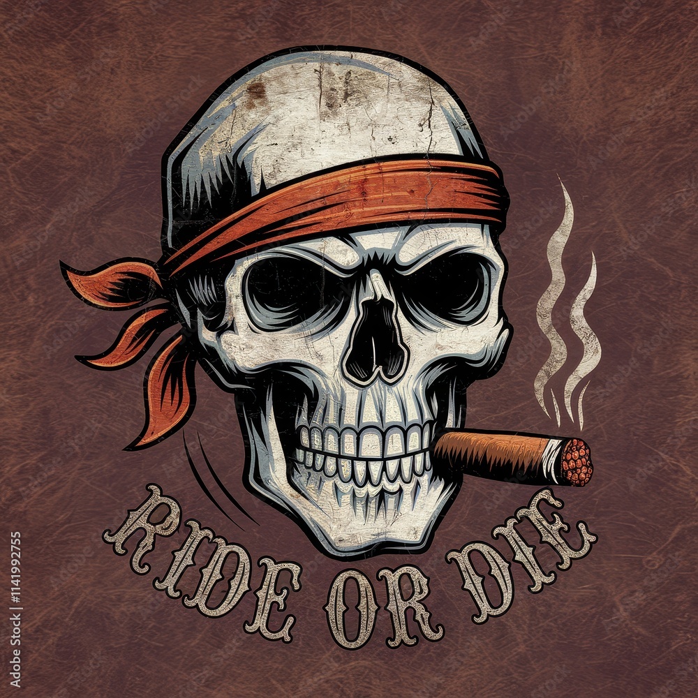 Fototapeta premium Skull Smoking Cigar Wearing Bandana Ride Or Die