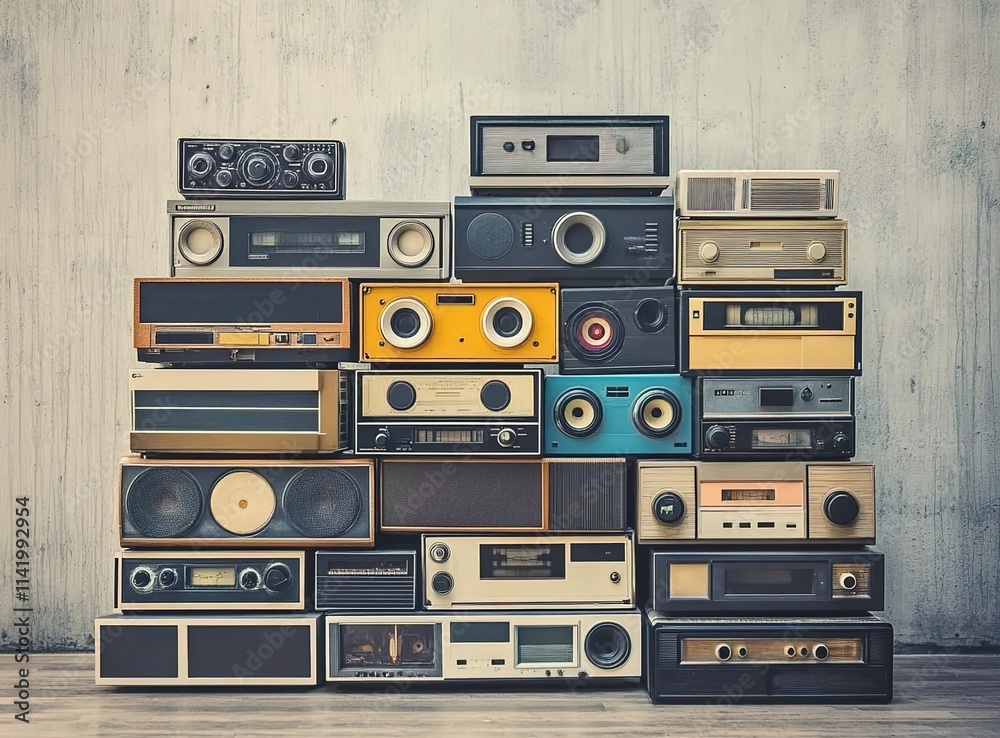Obraz premium A stack of vintage audio devices, including cassette tapes and boomboxes, arranged in an artistic display against a concrete wall background.