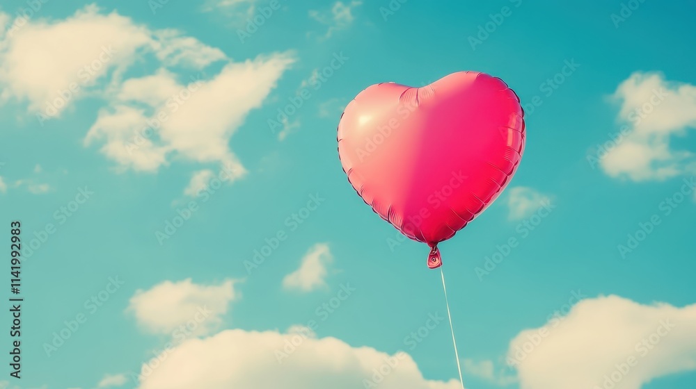 Obraz premium Heart Balloon flying on the sky over the cloud,Red helium balloon,Glossy heart with reflection foil balloon,anniversary wedding,Valentine day,Love symbol,holiday card,copy space.