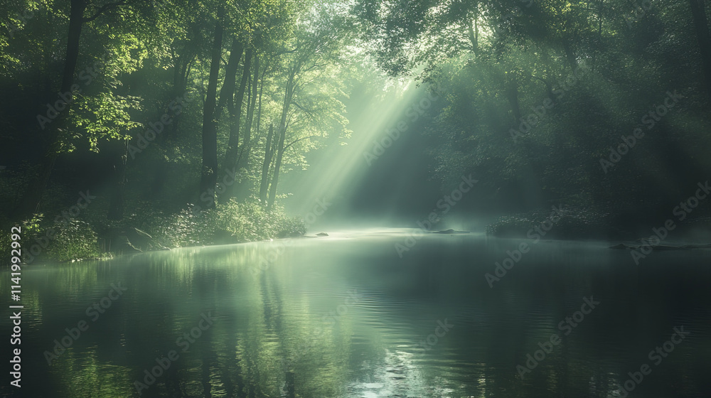 tranquil forest scene with sunlight streaming through green foliage, reflecting on water