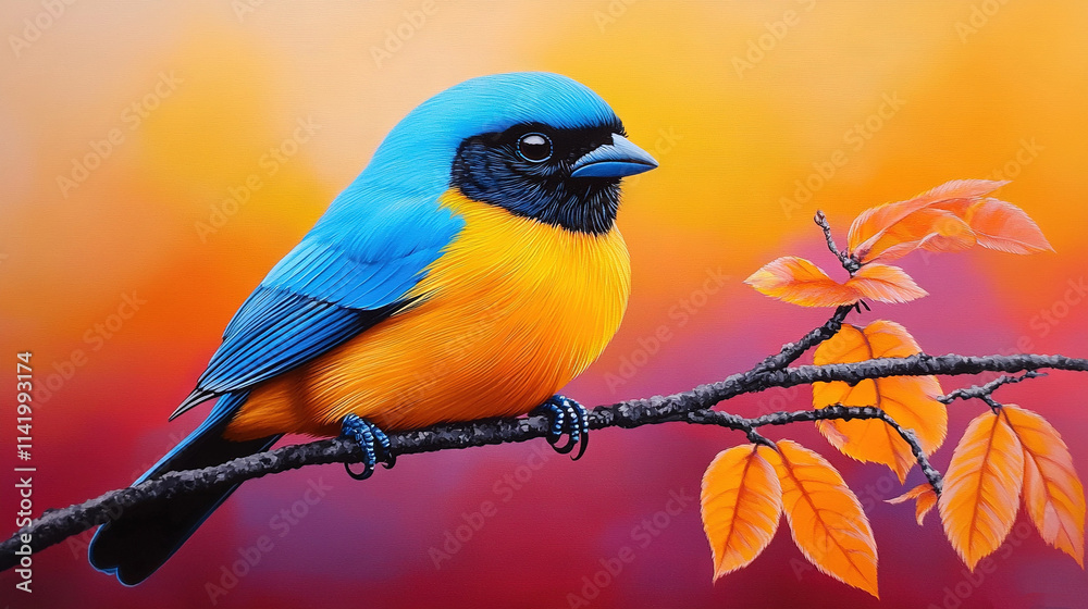 A vibrant bird perched on a reddish-yellow leafy branch against a sunny yellow-orange backdrop A vibrant bird perched on a reddish-yellow leafy branch against a sunny yellow-orange backdrop