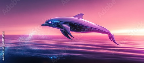 Futuristic metallic dolphin leaps over ocean at sunset. photo