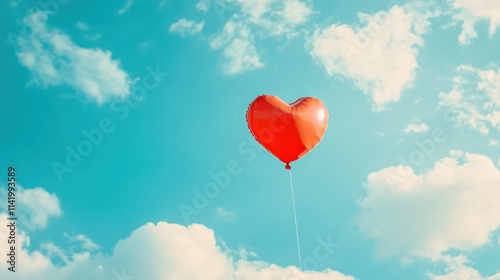 Heart Balloon flying on the sky over the cloud,Red helium balloon,Glossy heart with reflection foil balloon,anniversary wedding,Valentine day,Love symbol,holiday card,copy space.