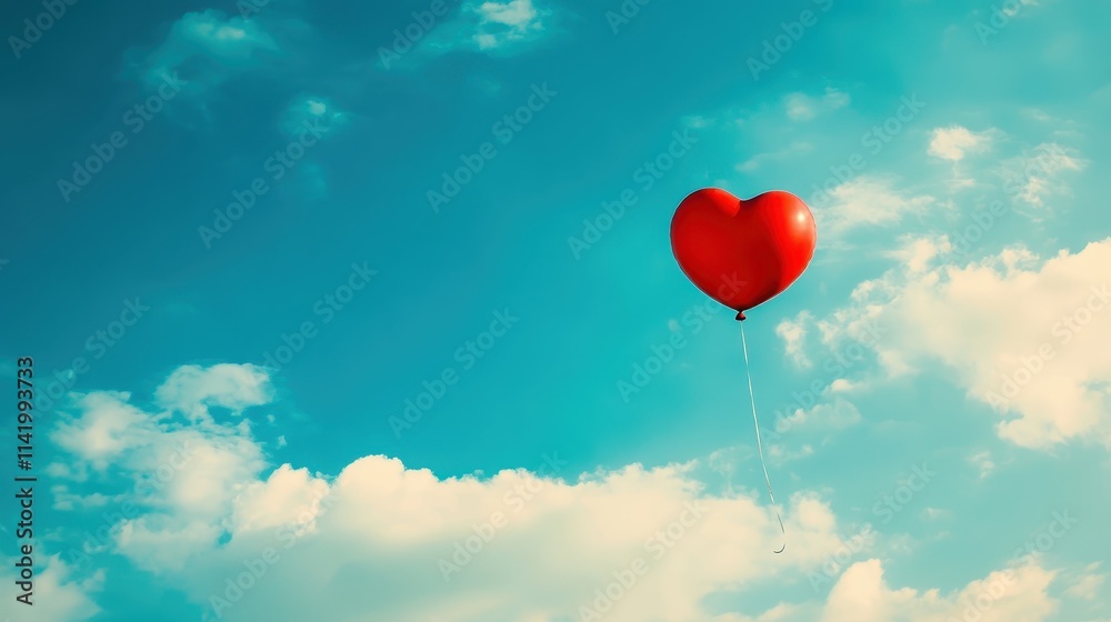Heart Balloon flying on the sky over the cloud,Red helium balloon,Glossy heart with reflection foil balloon,anniversary wedding,Valentine day,Love symbol,holiday card,copy space. Heart Balloon flying on the sky over the cloud,Red helium balloon,Glossy heart with reflection foil balloon,anniversary wedding,Valentine day,Love symbol,holiday card,copy space.
