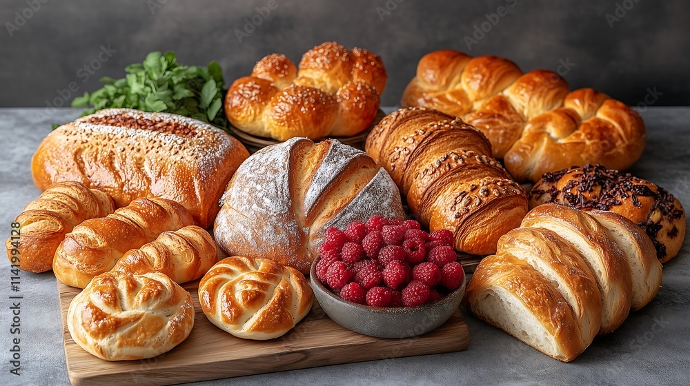 Fototapeta premium Artisan Bread Basket: A rustic wooden board overflowing with a symphony of freshly baked breads, from classic sourdough to sweet braided rolls.