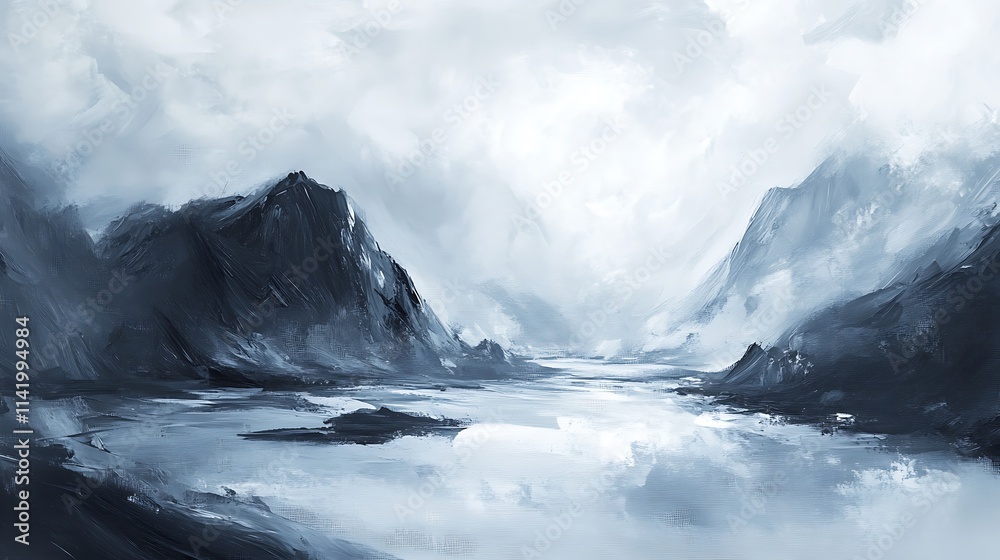 Obraz premium Misty mountains vividly painted in a realistic digital landscape artwork.. AI Generated