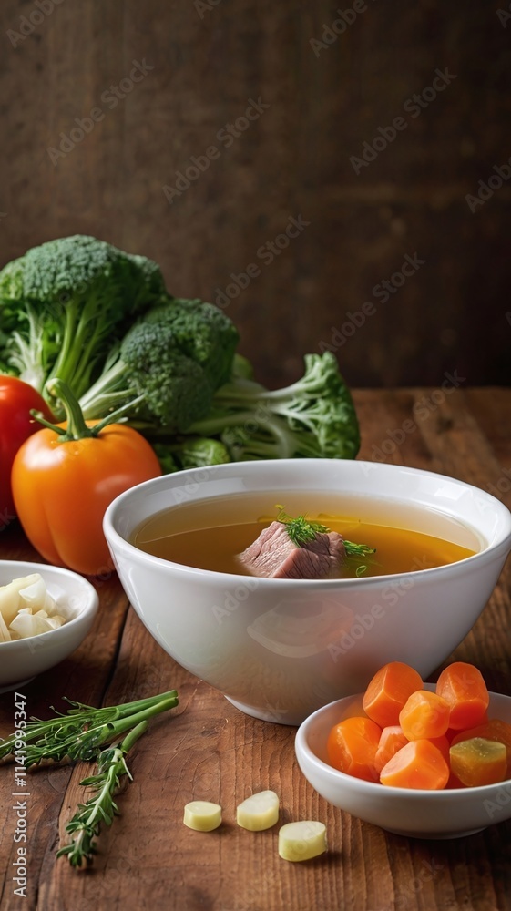 Clear beef broth, bouillon in white bowl and vegetables on wooden table. Clear beef broth, bouillon in white bowl and vegetables on wooden table.