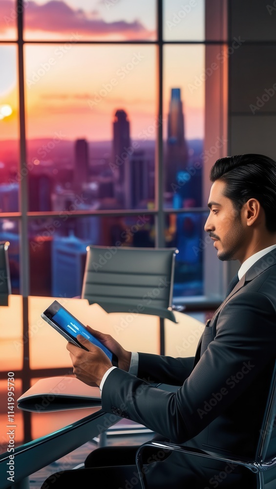 Fototapeta premium Business meeting at sunset city skyline professional man with tablet modern office