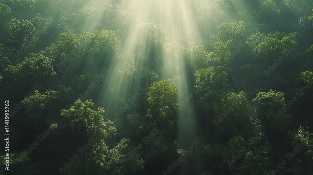Immersive view of Amazon endless green canopy with sunlight rays Immersive view of Amazon endless green canopy with sunlight rays