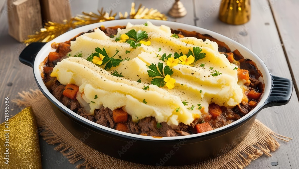 Delicious shepherd's pie recipe home kitchen food photography cozy environment top view comfort food