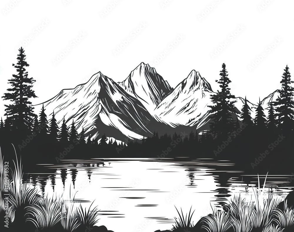 A simple black and white vector drawing of mountains with trees A simple black and white vector drawing of mountains with trees