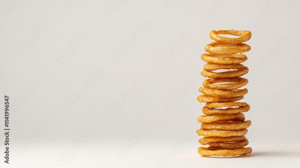 Side view of onion rings arranged in a tower, showcasing their crisp texture, isolated on white Side view of onion rings arranged in a tower, showcasing their crisp texture, isolated on white