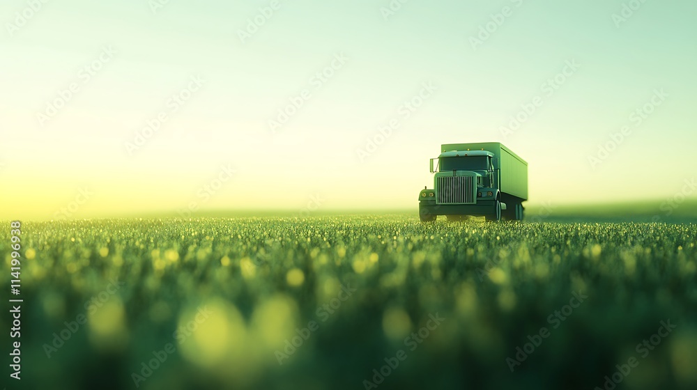 Fototapeta premium Semi-Truck in a Verdant Field at Sunrise: 3D Render. AI Generated