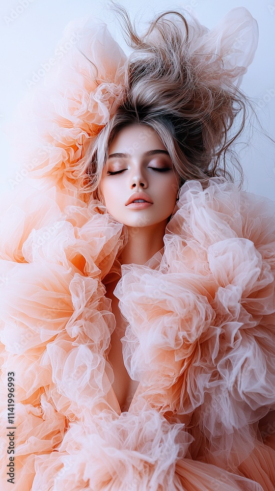 Fototapeta premium A woman in a pink dress with her hair blowing in the wind and her eyes closed