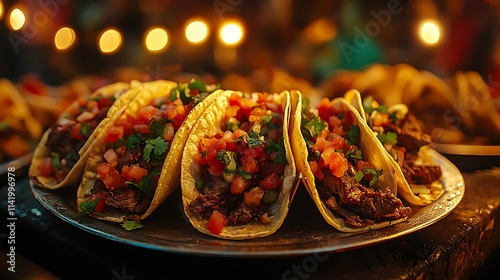 Fototapeta Naklejka Na Ścianę i Meble -  Close-up of street tacos filled with grilled meat, fresh pico de gallo, and chopped cilantro, served on small metal plates, street food stall at night with glowing string lights, rustic urban setting,