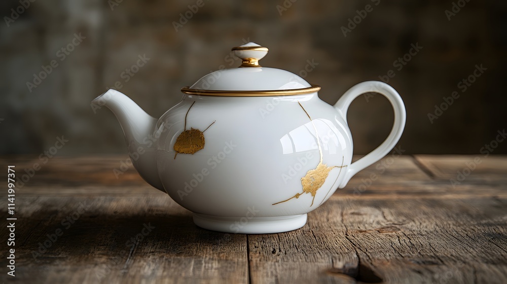 White porcelain teapot with golden repairs on a rustic wooden table, blending antique Japanese art with contemporary kitchen decor