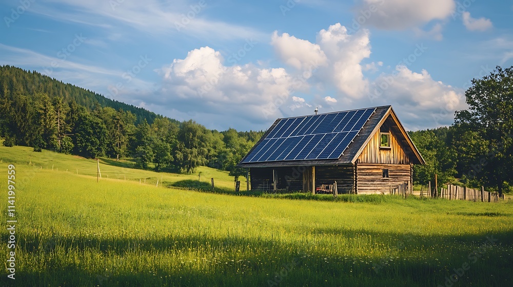 Sustainable Cabin with Solar Panels on a Sunny Day. AI Generated Sustainable Cabin with Solar Panels on a Sunny Day. AI Generated
