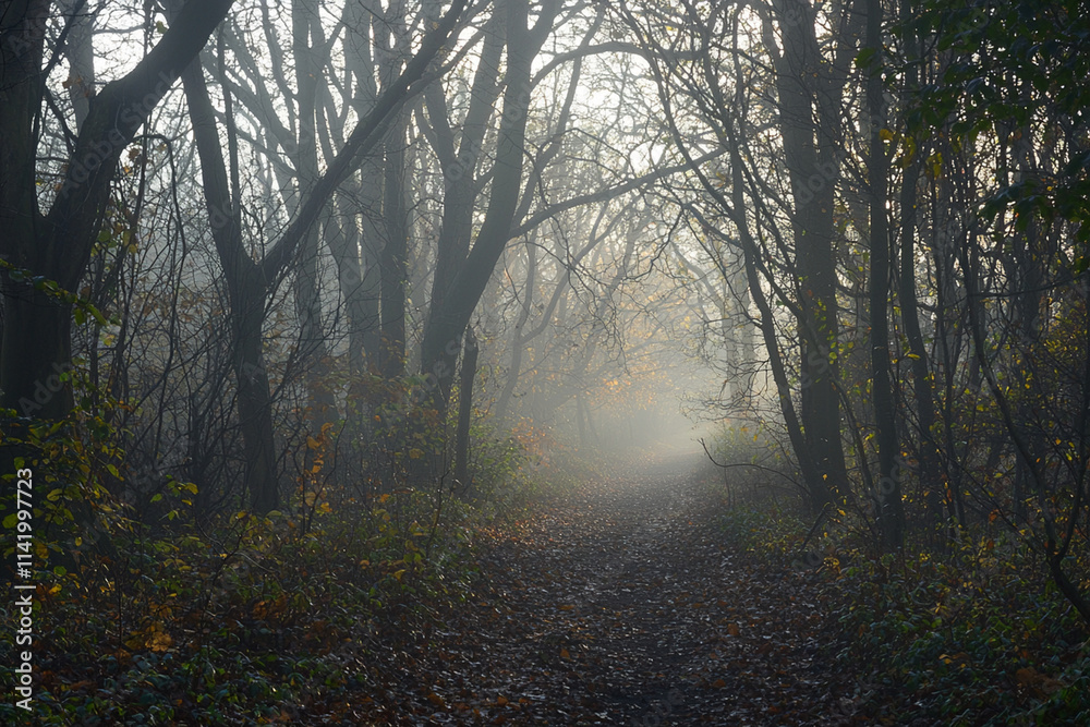 Obraz premium Fog descends upon a tranquil forest pathway