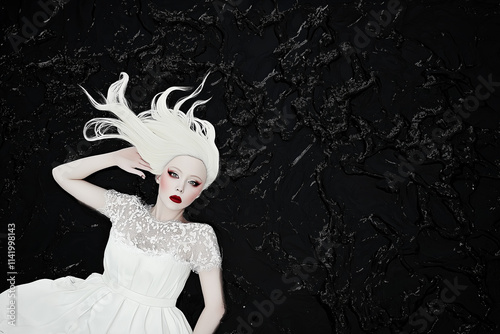 A woman wearing a white dress lying in the dark water looking at the camera, dramatic pose, long flowing hair