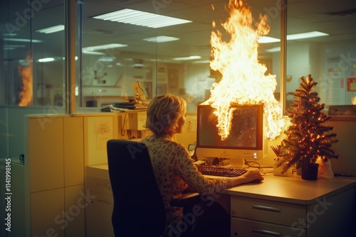 Wallpaper Mural Woman seated at her desk in an office, staring blankly at her sleek, flat-screen computer monitor burning with flames. Concept of work stress, burnout, holiday isolation, with a small Christmas tree. Torontodigital.ca