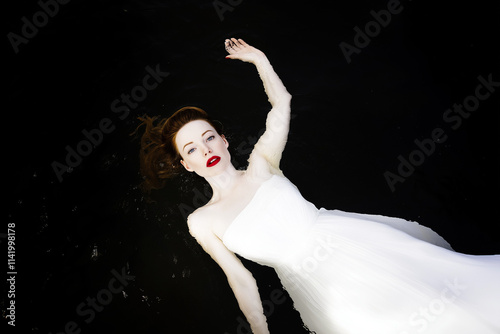 A woman wearing a white dress lying in the dark water looking at the camera, dramatic pose, long flowing hair