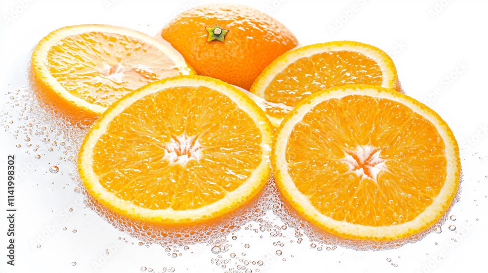 Slices of vibrant juicy oranges floating in water with bubbles, showcasing fresh citrus textures and macro details. Perfect for healthy lifestyle, refreshing drink concepts, or tropical fruit themes. Slices of vibrant juicy oranges floating in water with bubbles, showcasing fresh citrus textures and macro details. Perfect for healthy lifestyle, refreshing drink concepts, or tropical fruit themes.
