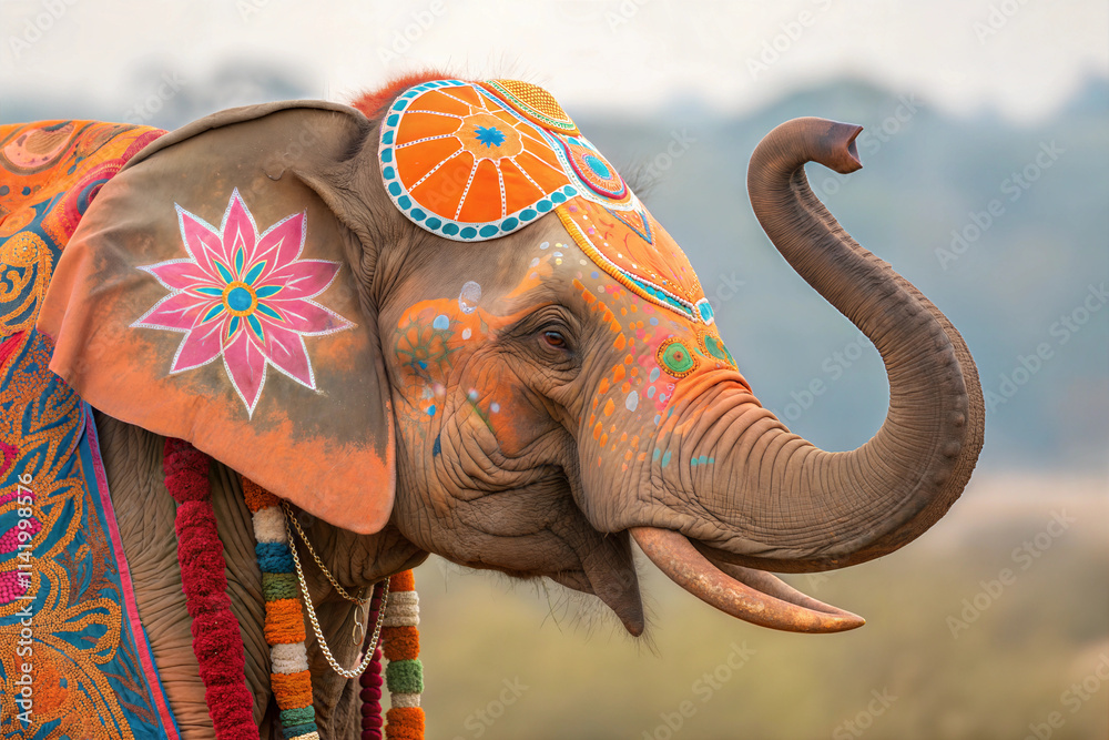 Obraz premium Close-up portrait of a large elephant, adorned with vibrant, intricate painted designs. 