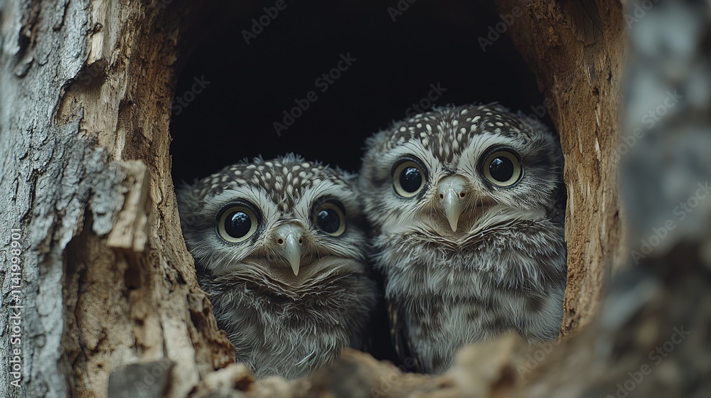 Cute funny spotted owlets in tree cavity, peeking out curiously Cute funny spotted owlets in tree cavity, peeking out curiously