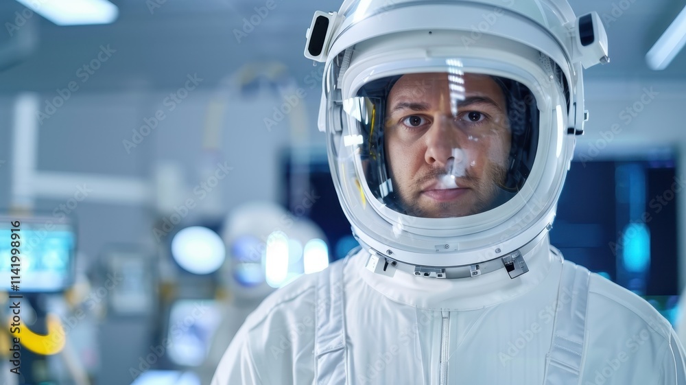 A focused astronaut in a space suit, gazing intently, set in a futuristic space environment filled with advanced technology. A focused astronaut in a space suit, gazing intently, set in a futuristic space environment filled with advanced technology.