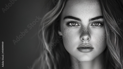 Majestic close up portrait of young woman with freckles and expressive eyes