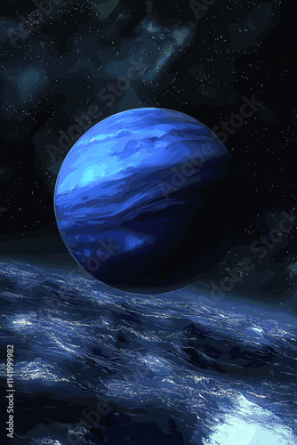 Vivid Blue Planet with Ethereal Cosmic Scenery in Deep Space