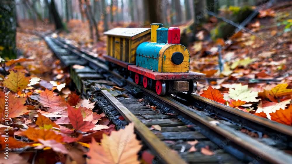 A small train is on a wooden track. The train is yellow and blue