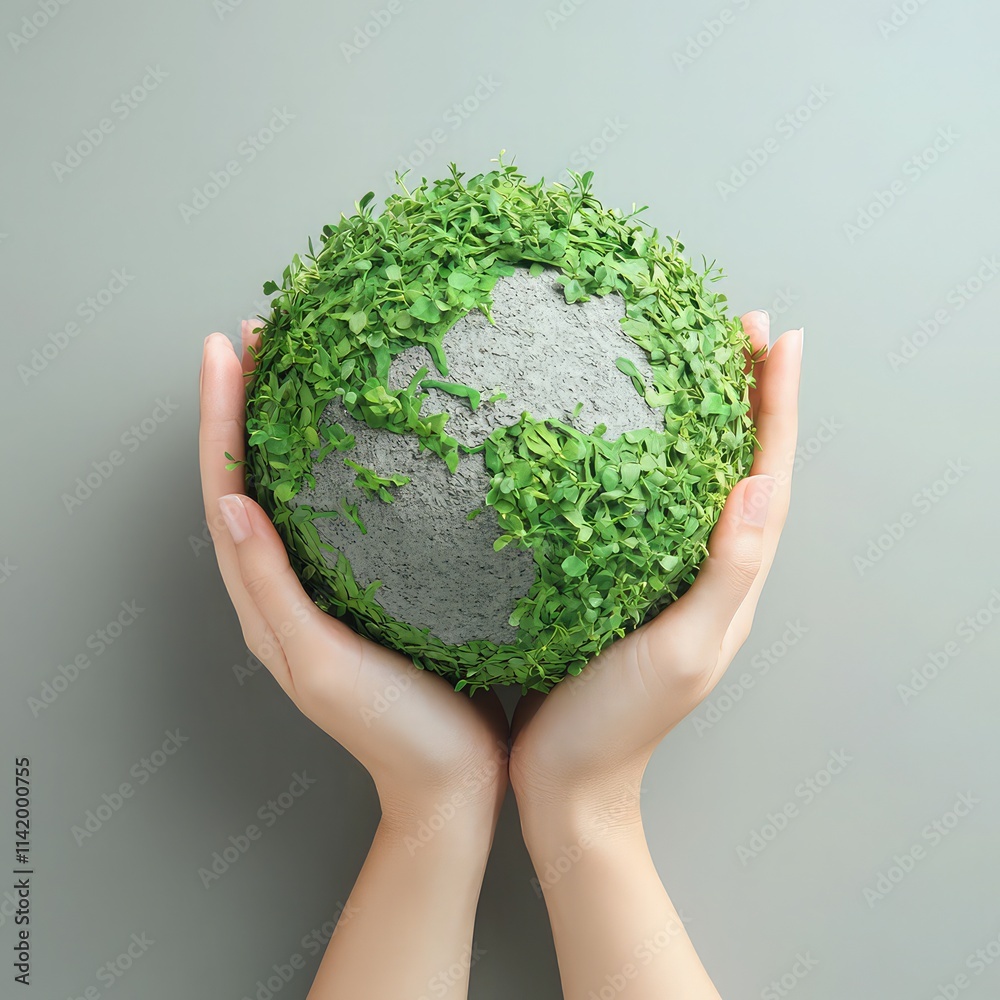 Both hands hold a mossy stone ball in the shape of an island on a gray background Both hands hold a mossy stone ball in the shape of an island on a gray background