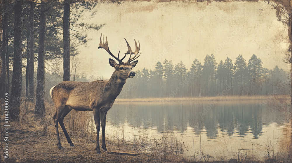 Obraz premium peaceful deer stands in tranquil forest clearing near water