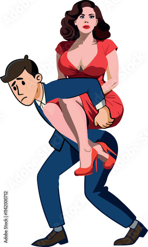 Businessman carrying woman in red dress piggyback style