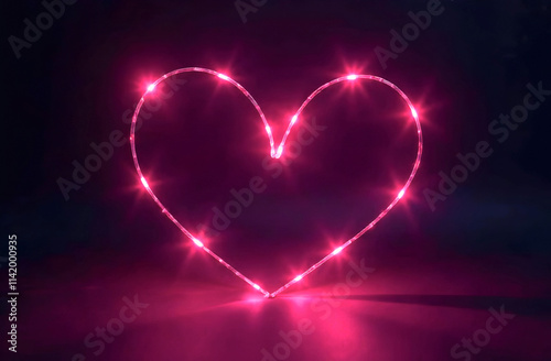 A glowing pink heart-shaped light outline against a dark background, perfect for romantic themes or Valentine's Day advertisements. Selective focus photo