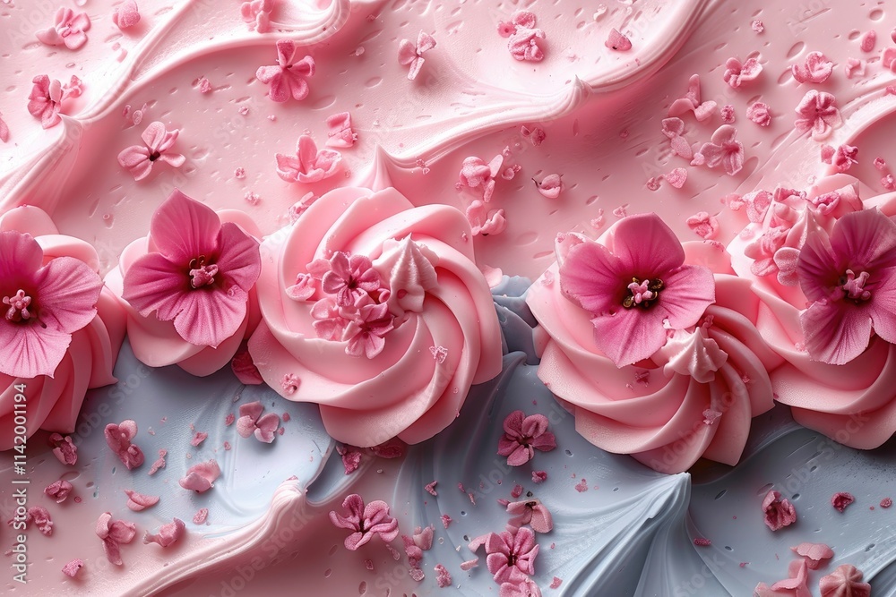 Pink and blue frosting swirls with pink flowers Pink and blue frosting swirls with pink flowers
