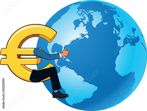 Businessman riding euro symbol approving planet earth investments