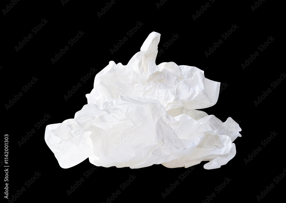 Side view of single screwed or crumpled tissue paper ball or napkin in strange shape after use in toilet or restroom isolated on black background with clipping path Side view of single screwed or crumpled tissue paper ball or napkin in strange shape after use in toilet or restroom isolated on black background with clipping path