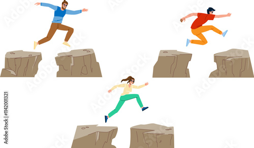 risk jumping over cliff vector. courage excitement, challenge daring, extreme height risk jumping over cliff character. people flat cartoon illustration