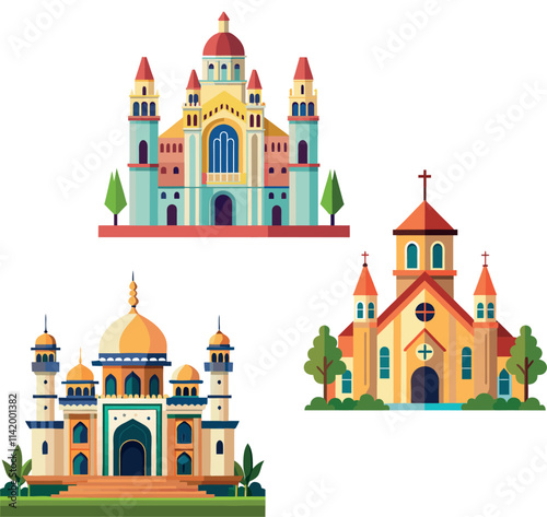 Exploring architectural diversity, cathedral, mosque, and church representing different religions