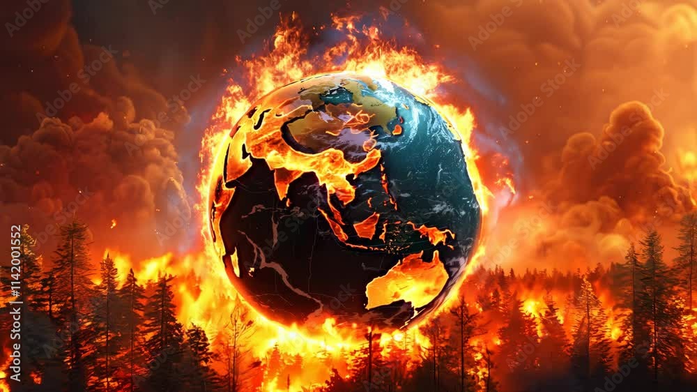 A fire is burning in a forest and the sky is orange. The fire is so big that it is almost touching the earth
