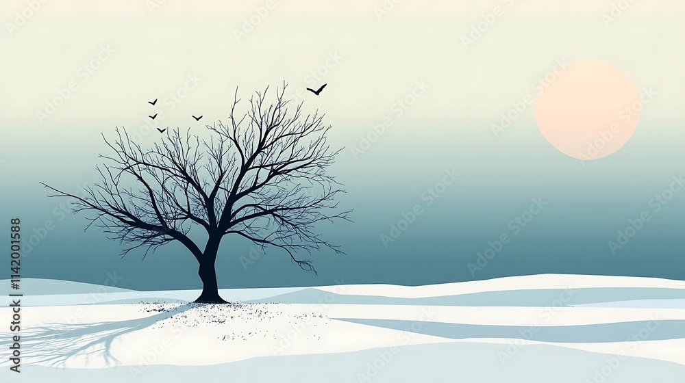 Winter landscape illustration with sun and birds in a minimalist style.. AI Generated Winter landscape illustration with sun and birds in a minimalist style.. AI Generated