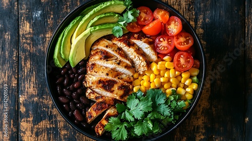 Overhead shot of a healthy taco bowl with fresh deconstructed ingredients including grilled chicken, avocado slices, black beans, corn, diced tomatoes, and chopped cilantro, arranged in sections, photo