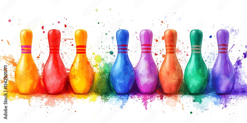 A rainbow swirled bowling ball, hitting 5 white pins with red stripes around the top colors are indicating the ball hit. The pins stars shooting from the hit bright colors, black background - A rainbow swirled bowling ball, hitting 5 white pins with red stripes around the top colors are indicating the ball hit. The pins stars shooting from the hit bright colors, black background -