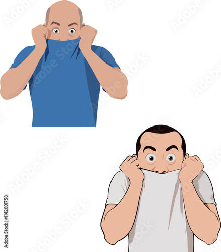 Two men hiding their faces with their t shirts expressing fear and shame