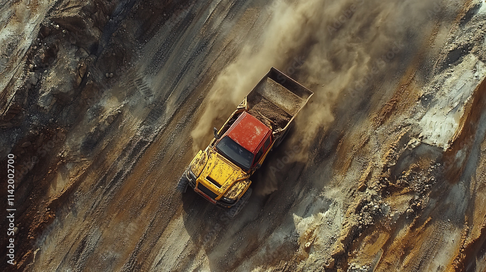 Aerial view of yellow and red dump truck on dusty construction site Aerial view of yellow and red dump truck on dusty construction site