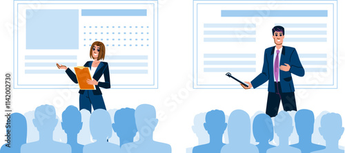 networking leader conference vector. innovation strategy, vision empowerment, collaboration motivation networking leader conference character. people flat cartoon illustration
