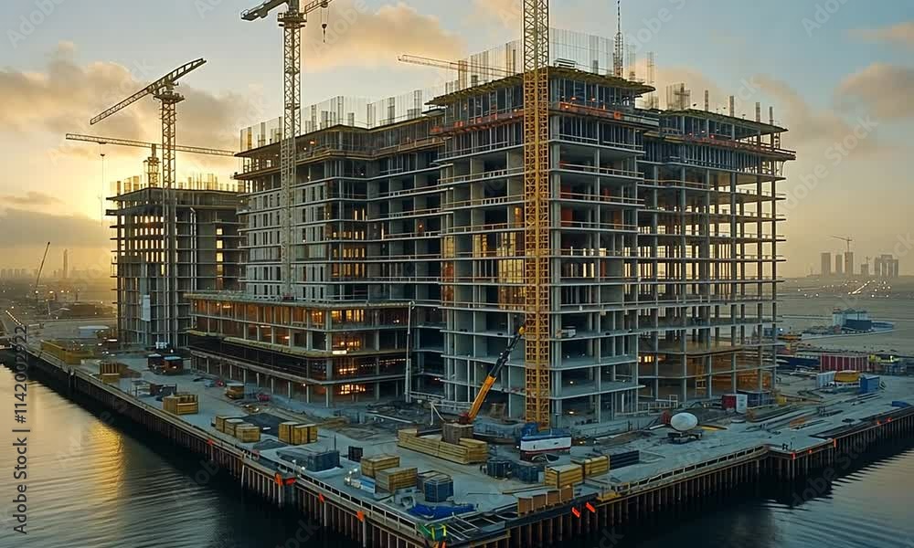 Sunrise over a large building under construction on waterfront.
